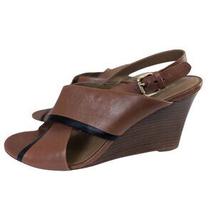 Coach Sandal Womens 8.5 Brown Black Leather Wedge Open Toe Randy Quiet‎ Luxury